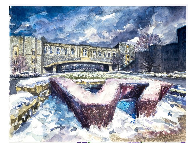 A watercolor sketch of a "VT" hedge that has white ice and snow on top; in the background is Torgersen Bridge and the Library in shadow