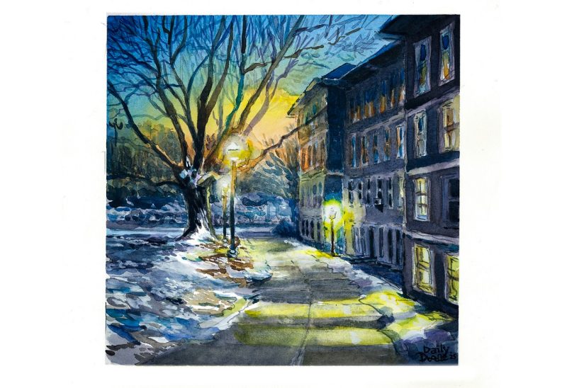 Watercolor sketch of a dusk walk behind Price Hall at sunset in January; snow is on the ground and office lights and light posts are lit