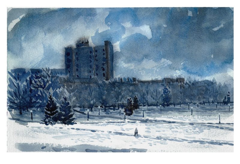 Watercolor sketch of a single person walking across a snow-filled drillfield in the dark sky january