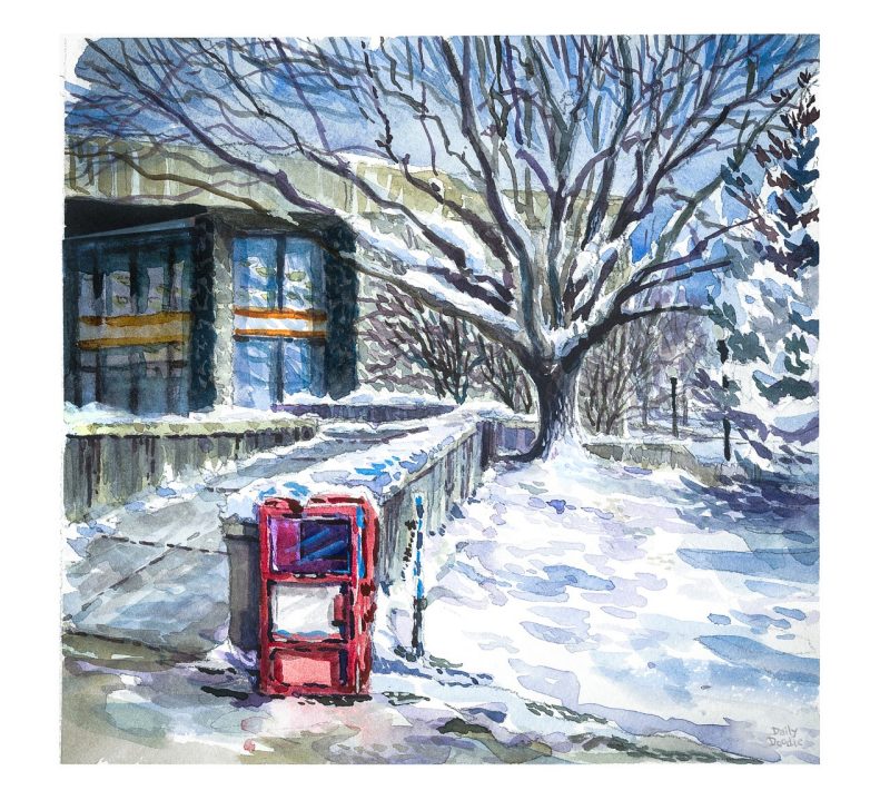 Watercolor sketch of the VT Bookstore exterior with a red paper box out front and a snow-covered tree in the foreground