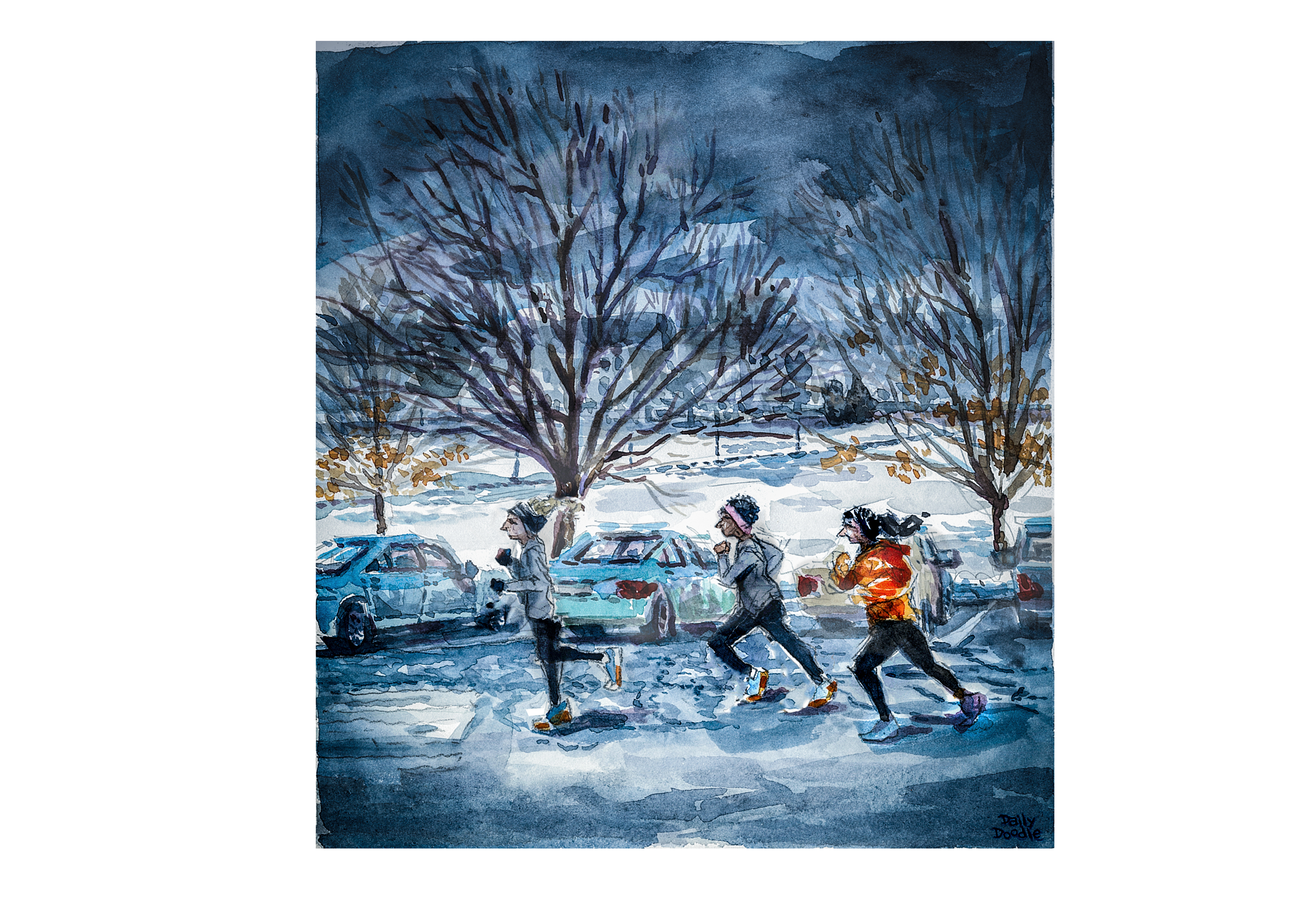 Watercolor of the womens distance team training along the Drillfield