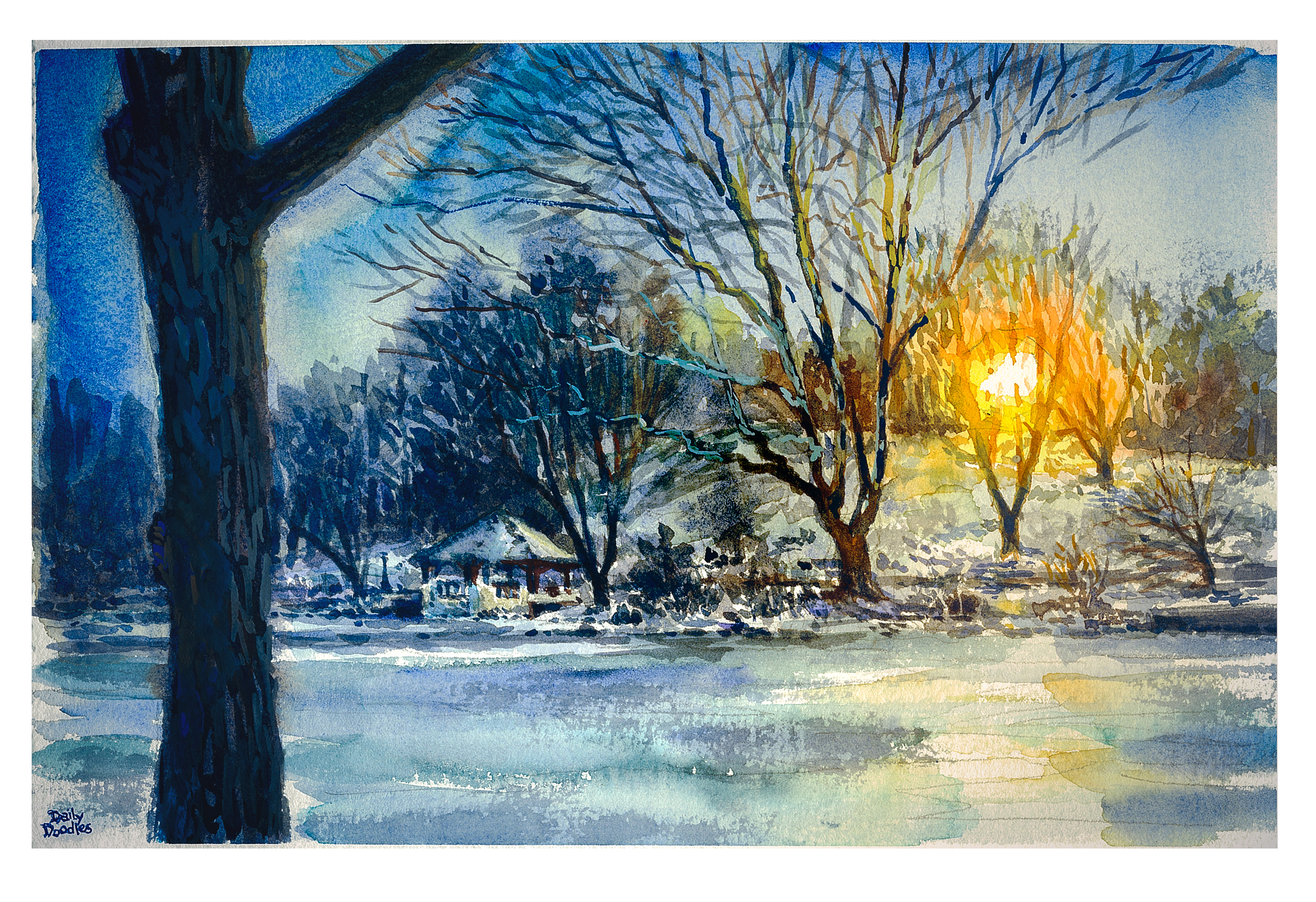 Watercolor sketch of sunrise over a frozen Duckpond in January