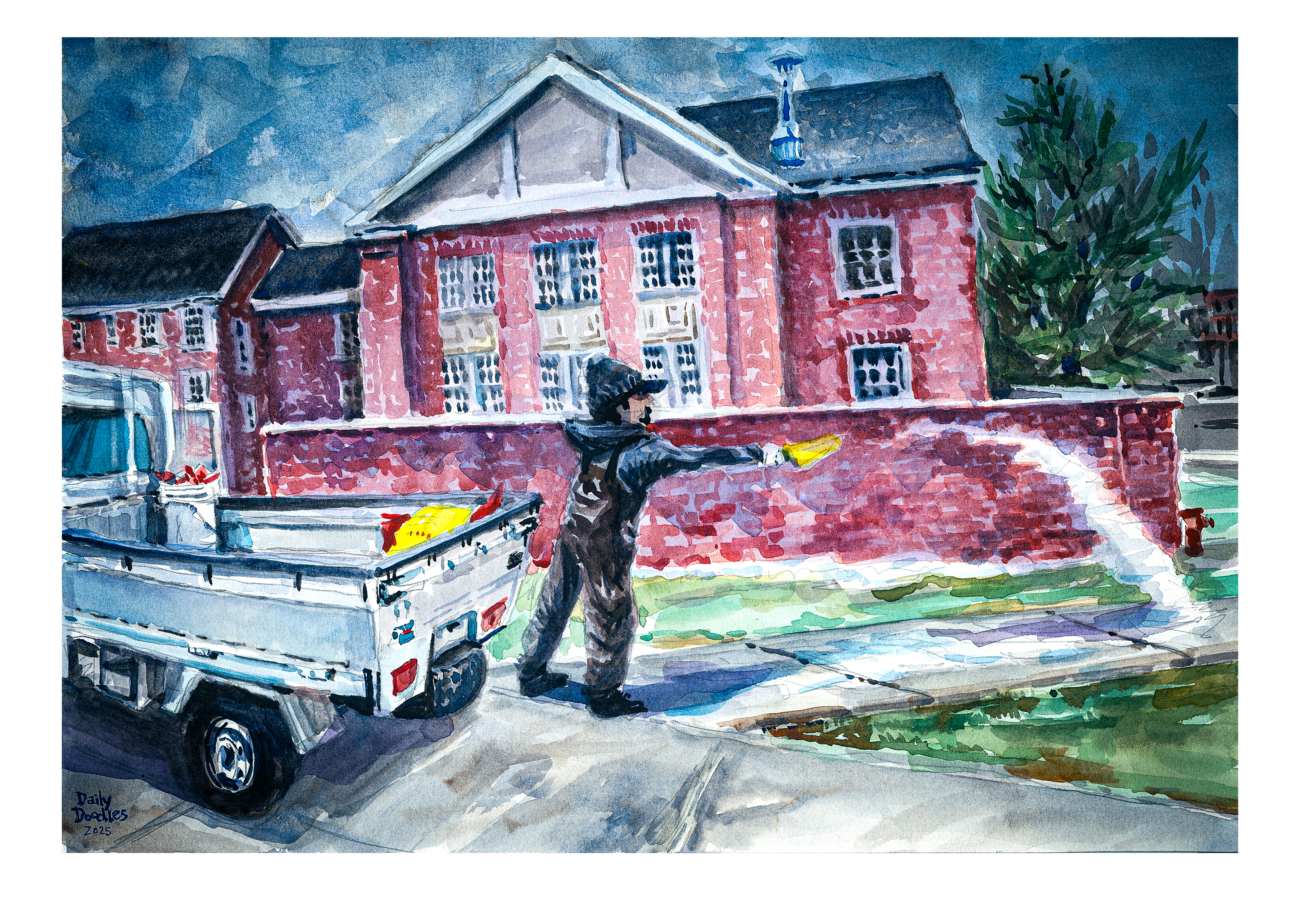 Watercolor sketch of an employee spreading ice melt on a sidewalk as the storm approaches