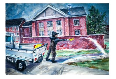 Watercolor sketch of an employee spreading ice melt on a sidewalk as the storm approaches