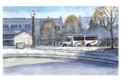 ink and watercolor sketch of the Smart Way Commuter Bus behind Wallace Hall