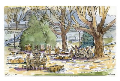 Ink and watercolor sketch of groups of student Army ROTC members in groups doing leadership lab work; snow is on the ground, students are kneeling and sitting on the ground under two trees