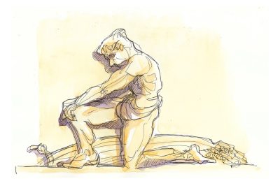 Ink and watercolor sketch of the Donald De Lue relief sculpture inside War Memorial Chapel (right side) named "Man Seeks God through Prayer" 