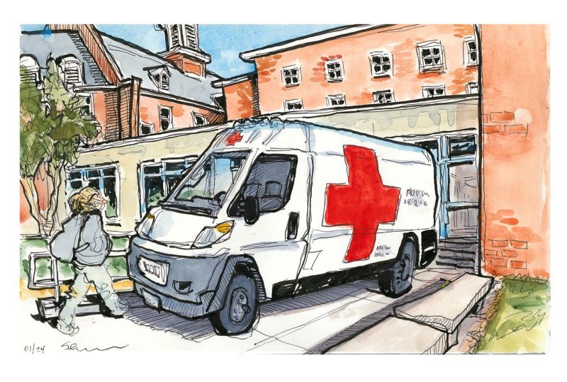 Ink and watercolor sketch of the Red Cross van backed up to the GLC for a blood drive