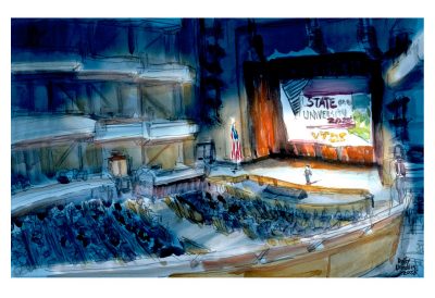 Watercolor sketch of the Anne and Ellen Fife Theatre with President Tim Sands delivering the State of the University address to a crowd