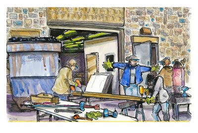 Ink and watercolor sketch of the sustainable facilities class outside the Bishop-Favrao Hall loading dock