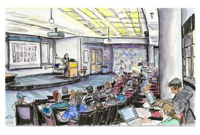 An ink and watercolor sketch of the comics and visual narratives fiction class in Pamplin 2030