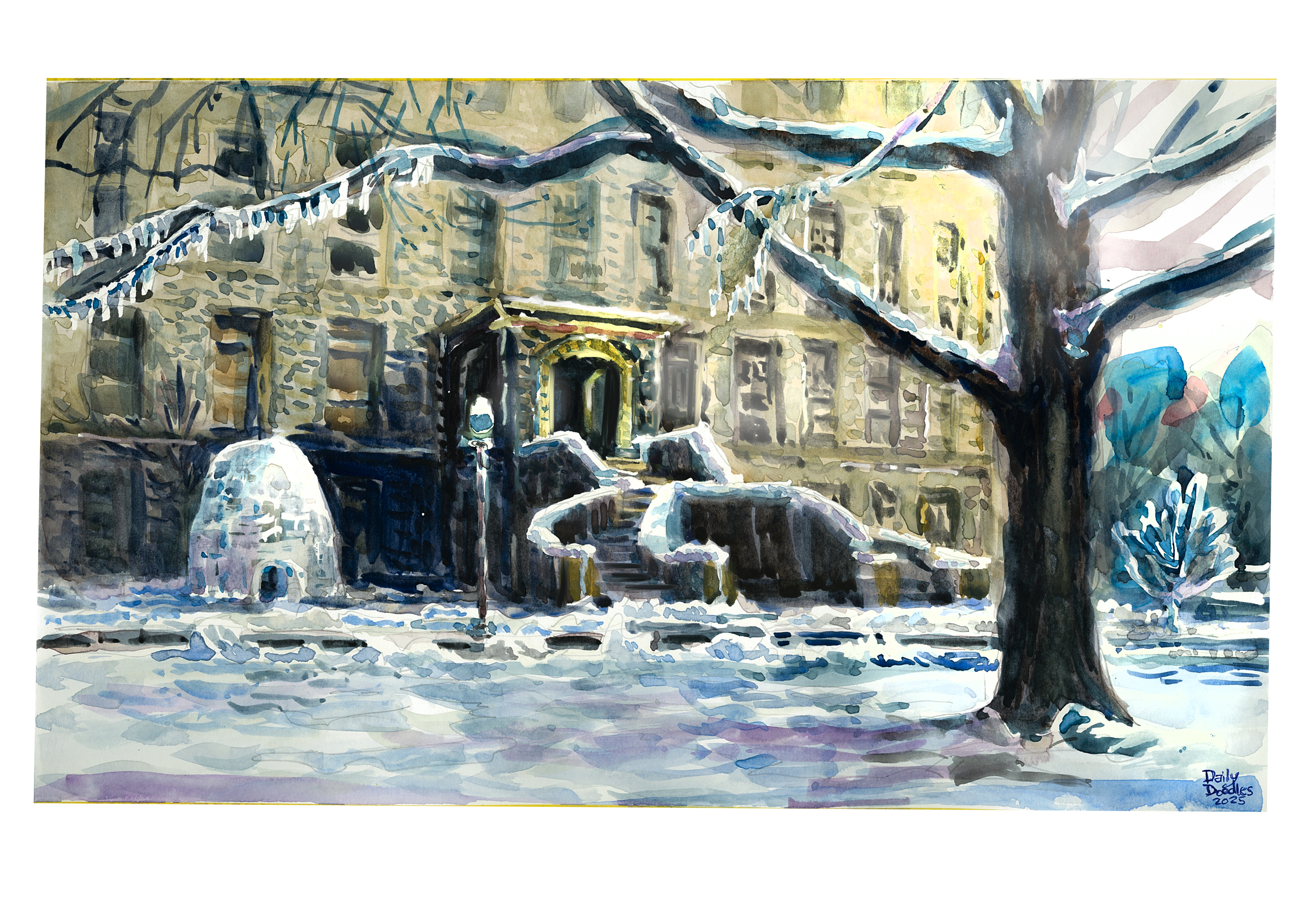 Watercolor sketch of Price Hall with igloo-shaped structure built outside, beside the steps. There's snow and ice on the trees and rails at the steps