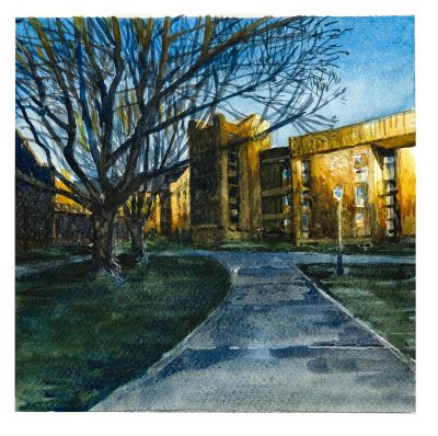 Watercolor sketch of walkways on Campbell Quad showing Slusher Hall and Payne Hall in the distance. The sun is setting. and the shadows are long.