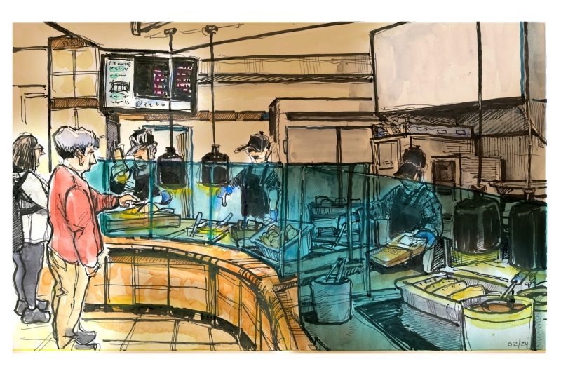 Ink and watercolor sketch of employees in Owens Dining Center serving a menu preview for Smoke .... a Perry Place dining choice that will open in the fall