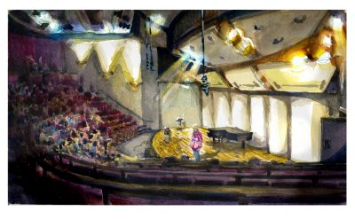 Watercolor sketch of the Squires Recital Salon with Zak Kristofek leacturing from the stage