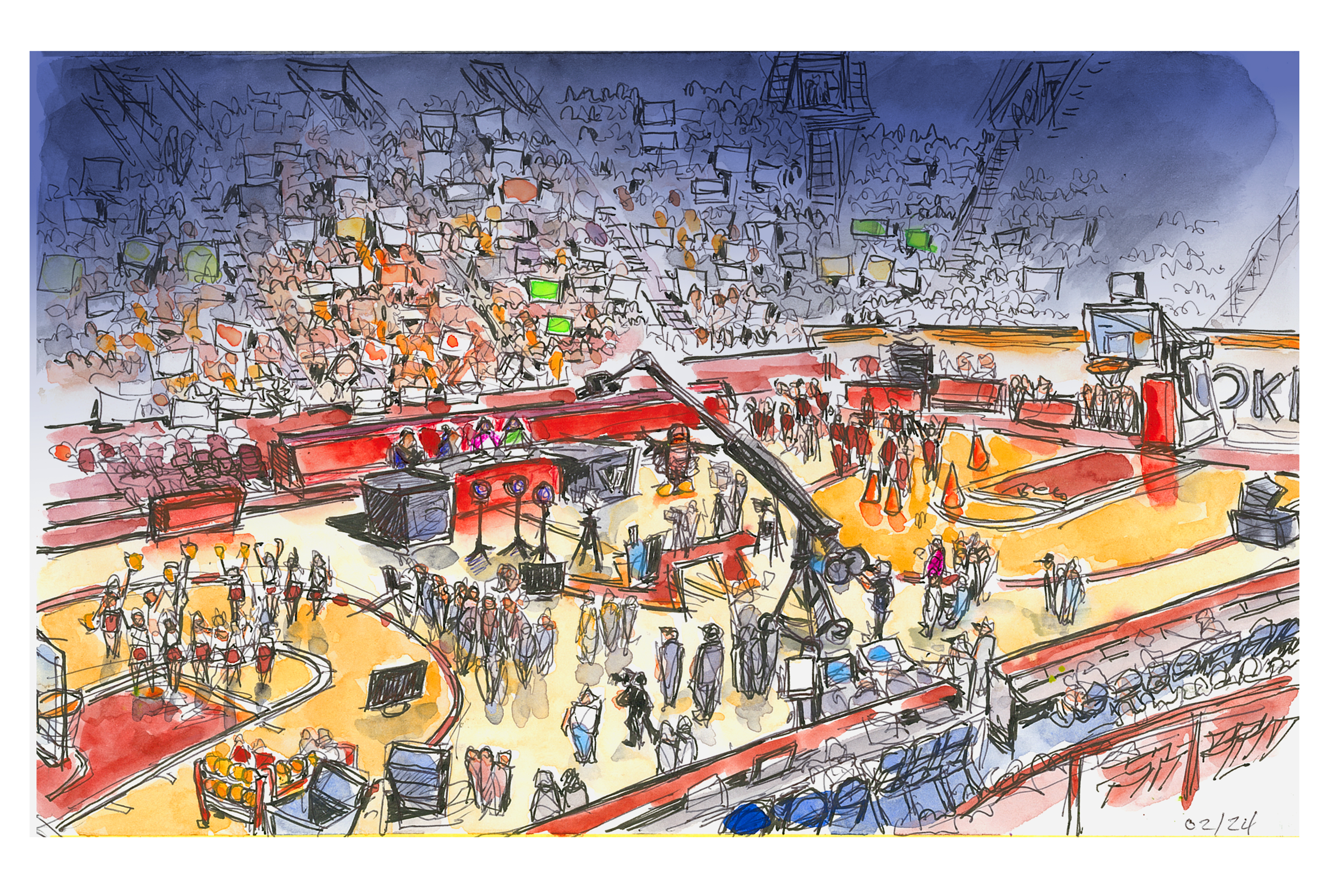 Ink and watercolor sketch of ESPN's visit to Cassell coliseum