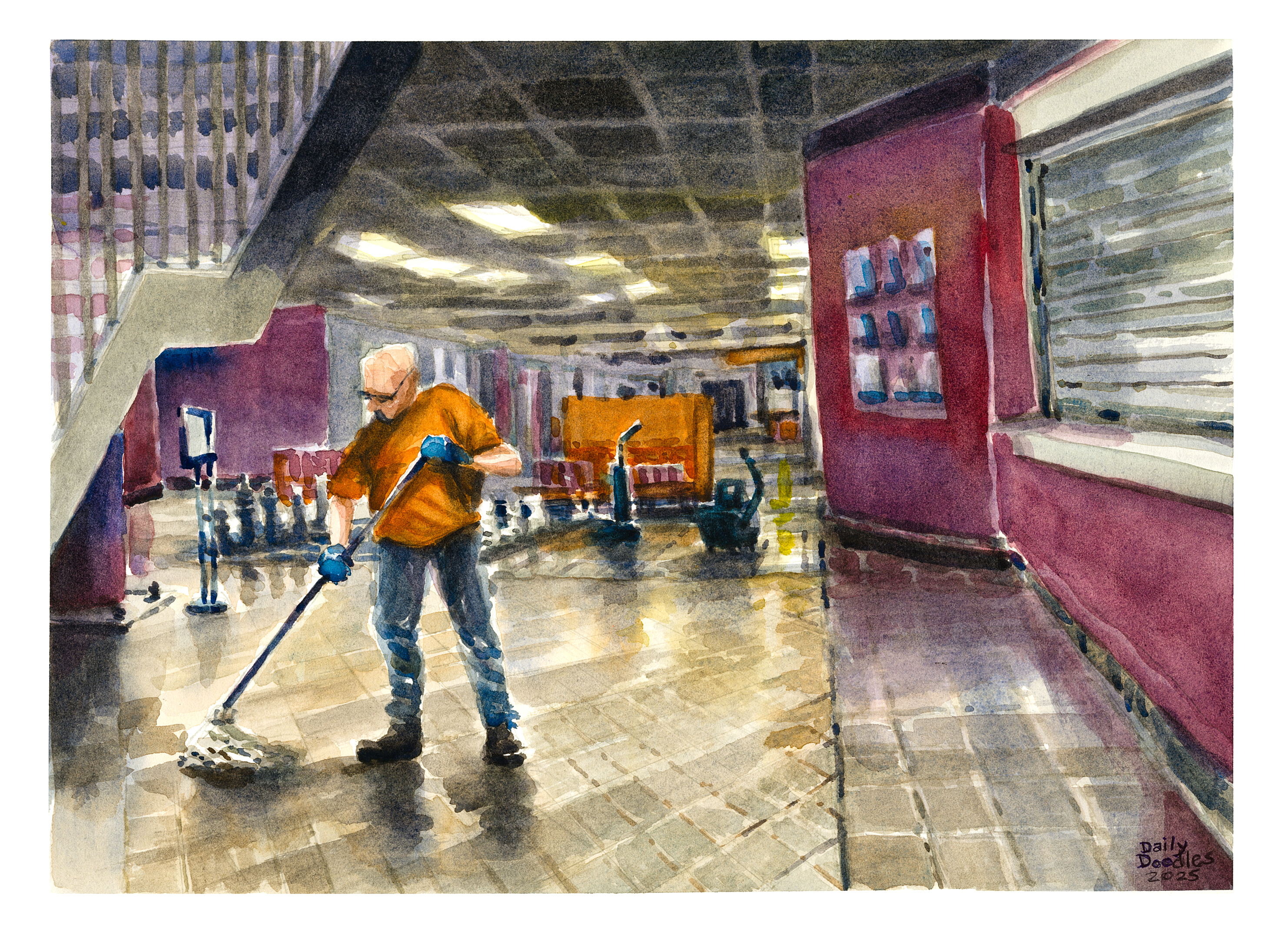 Watercolor of an employee in squires mopping the tile floors