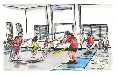 Sketch of kids learning to jump rope with the VT Club Jump Rope at the Blacksburg Community Center