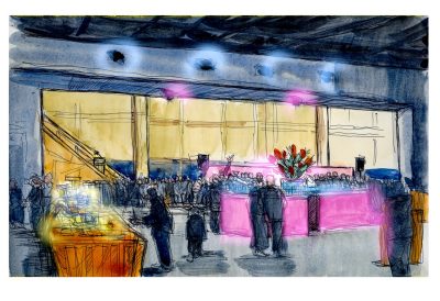 Watercolor and ink and digital sketch of the Academic Building One grand opening in alexandria