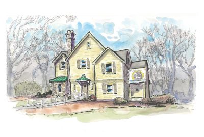 Innk and watercolor of the Women's Center in celebration of the center's 30th Anniversary this year 2024