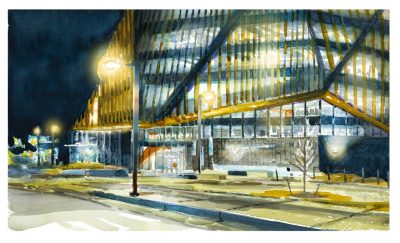 Watercolor sketch of Academic Building One at night