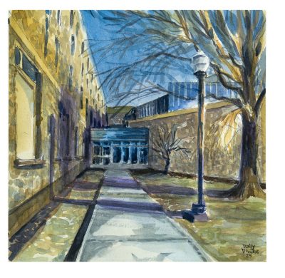 Watercolor sketch of the North Wing entrance to Hahn Hall it's late in the day and the sun is low in the west so the shadows are long