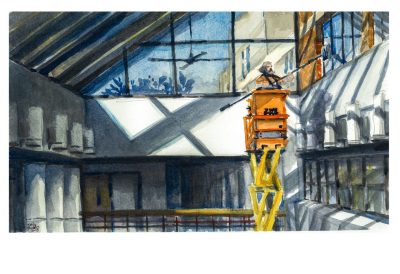 Watercolor sketch of an employee on a scissor lift cleaning windows inside the Wallace Hall atrium; the room has several cast shadows from the atrium roofline / windows