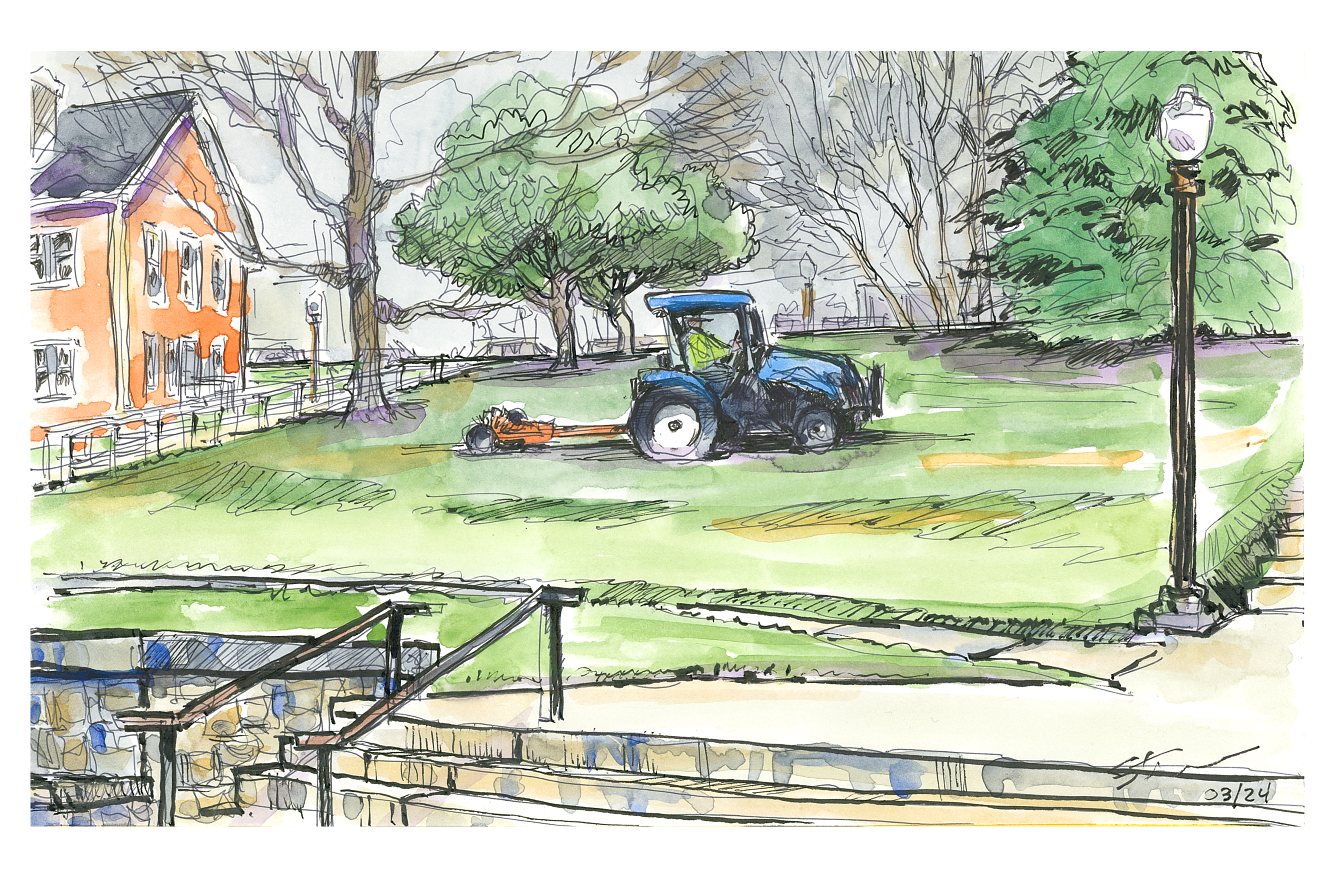 Ink and watercolor sketch of a tractor doing spring lawn aerating on Henderson Lawn