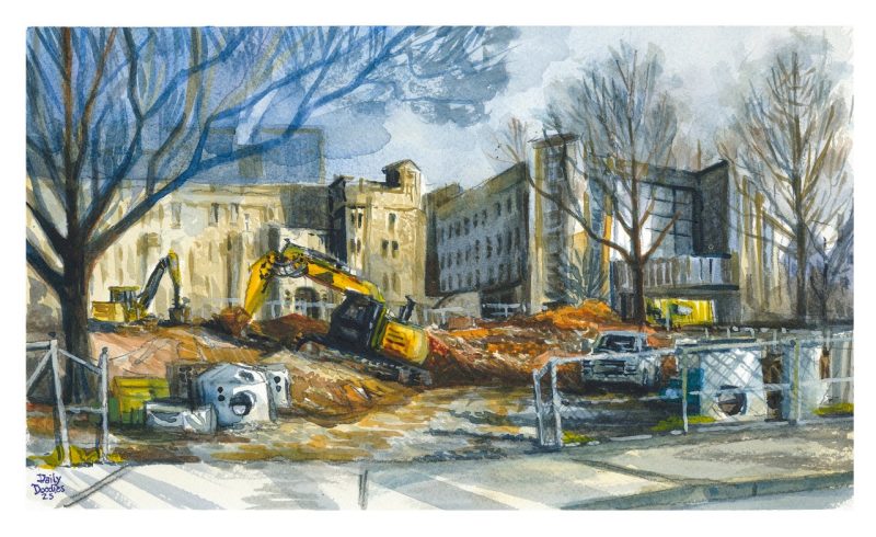 Watercolor sketch of the construction area beside Patton Hall and in frront of McBryde and Holden Halls; the picture shows earth movers and a few concrete culvert castings and fencing; the sun is to the right of the scene and is reflected in the McBryde windows