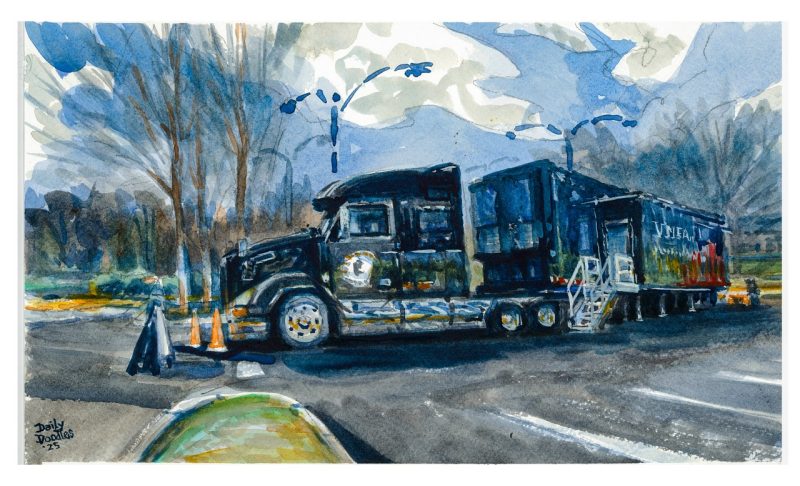 Watercolor sketch of the VMFA mobile gallery which visited campus Sundany and Monday March 16 and 17. The watercolor is of a giant truck with a trailer that slides out to make a gallery. A person stands outside the truck at the very back. 
