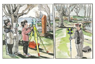 Two panel Ink and watercolor sketch of civil engineering students in a measurements class, windy day