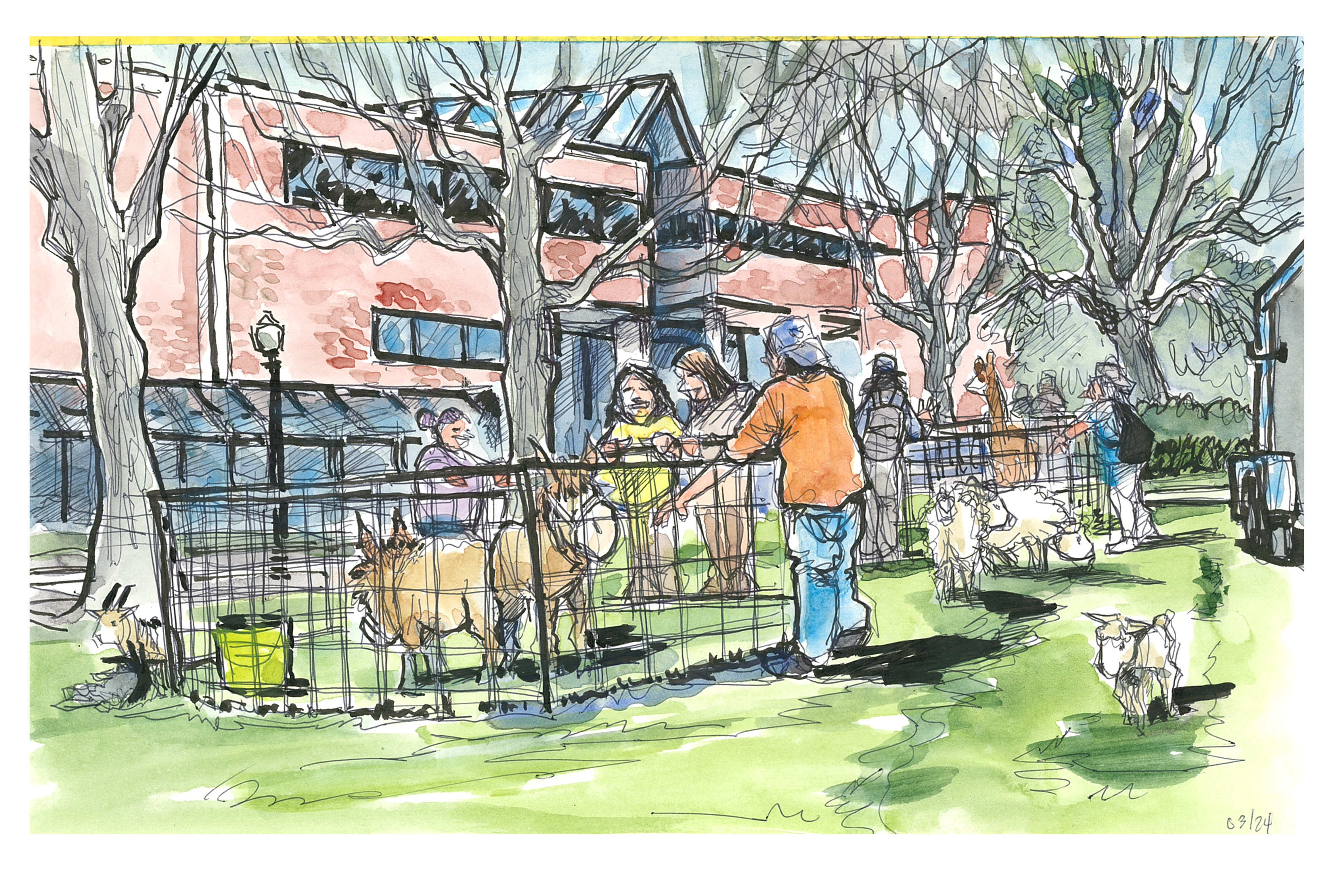 Ink and watercolor sketch of fpetting zoo undraising events on teh glc lawn 