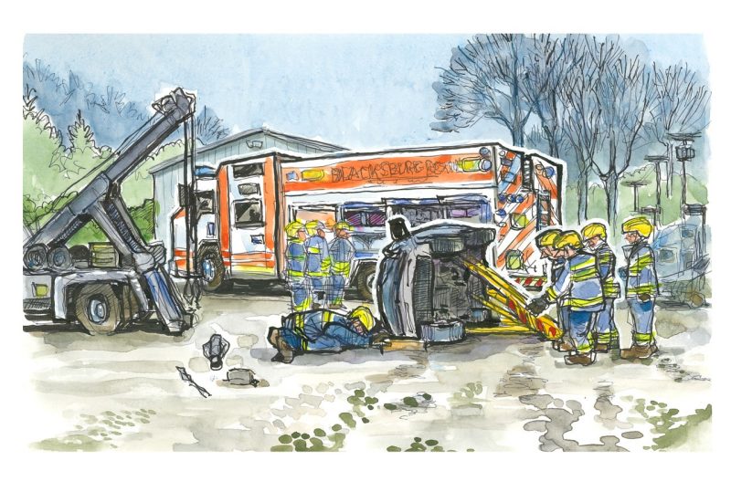 Sketch of a VTTI test vehicle on its side being used for training rescue personnel on the uses of hydraulic rescue tools