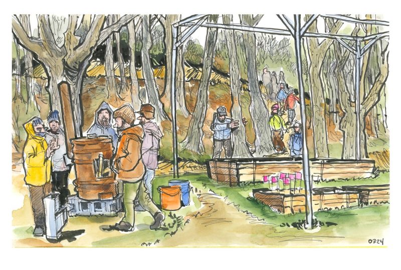 Ink and watercolor sketch of a rocket stove used to prep syrup-making; this was a demo and part of Forest Farming Field Day at Catawba Sustainability Center