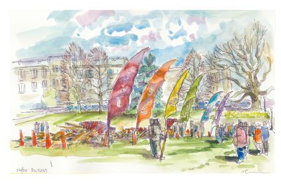 Watercolor and ink sketch of the Drillfield on Saturday -- opening ceremony for The Big Event at Virginia Tech