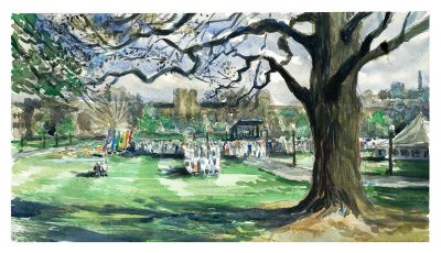 Watercolor of the drillfield with lots of people lined up to participate in the annual Big Event