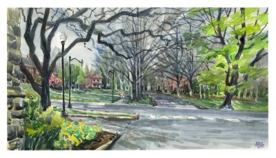 Watercolor sketch of the intersection of West Campus Drive and Grove Lane