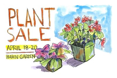 Ink and watercolor sketch of the Hort Club plant sale at Hahn Garden