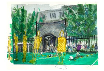 Watercolor sketch of soccer exercises on the practive field with womens soccer; the aware program is an outreach program with Blacksburg Middle School girls by the VT Womens Center
