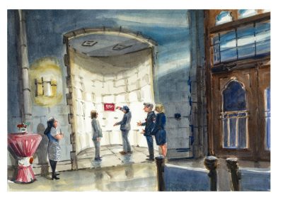 Watercolor sketch of people standing in the alcoves in the Burruss Hall Atrium preparing to unveil a Foremost Benefactor stone