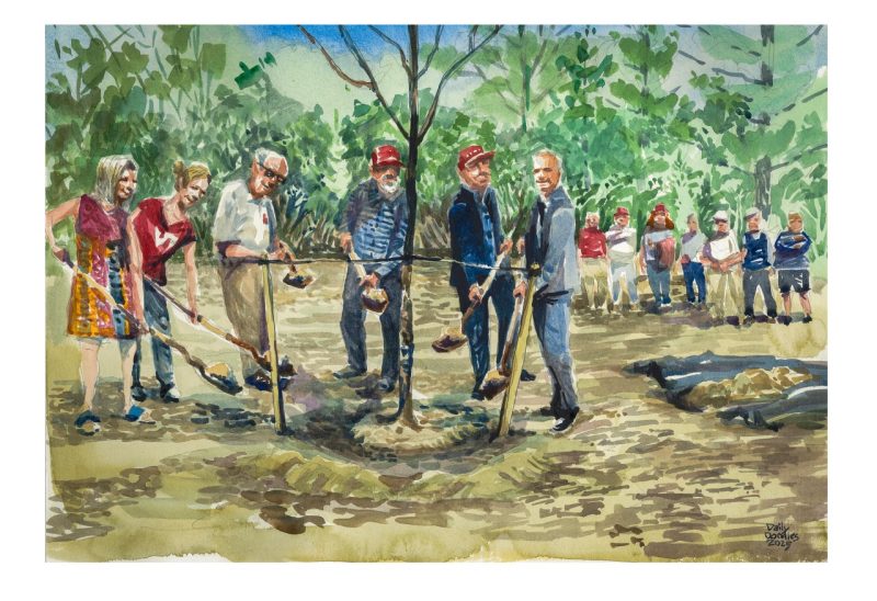 Watercolor sketch of CNRE folks planting a Northern Red Oak at the Duck Pond to celebrate 100 years of forestry at Virginia Tech