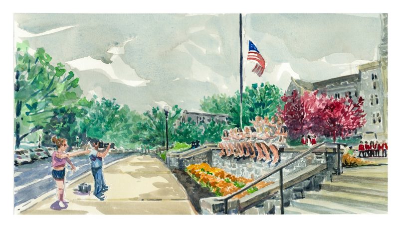 watercolor sketch of a group of seniors taking pictures at the front of burruss hall