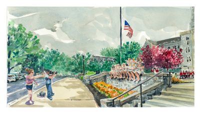 watercolor sketch of a group of seniors taking pictures at the front of burruss hall