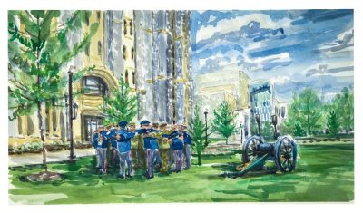 Watercolor sketch of the skipper crew circled up after the caldwell march