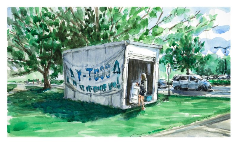 Watercolor sketch of a Y-Toss container drop off with a woman loading some plastic storage containers into it