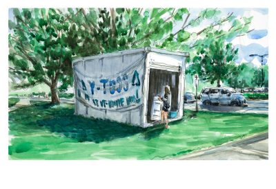 Watercolor sketch of a Y-Toss container drop off with a woman loading some plastic storage containers into it