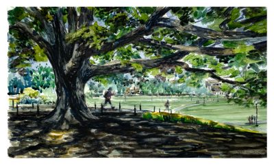 Watercolor sketch of a person walking in the shade of the Allwood Oak on the Drillfield