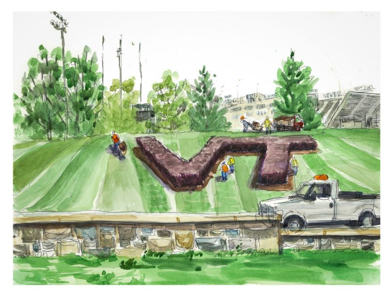 Watercolor of grounds employees taking care of the VT headge along Southgate