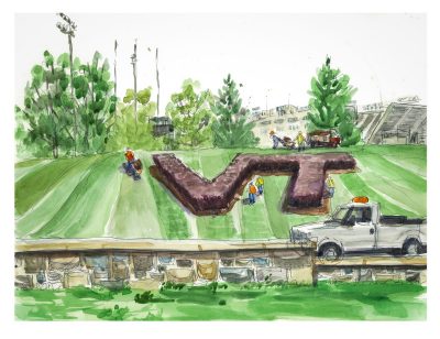 Watercolor of grounds employees taking care of the VT headge along Southgate