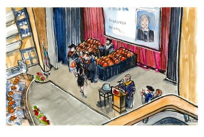 Ink and watercolor sketch of the Myers Lawson School of Construction Hardhatting Ceremony